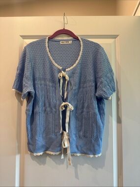 Grace Karin Sky Blue Short-Sleeve Knit Cardigan with Cream Trim